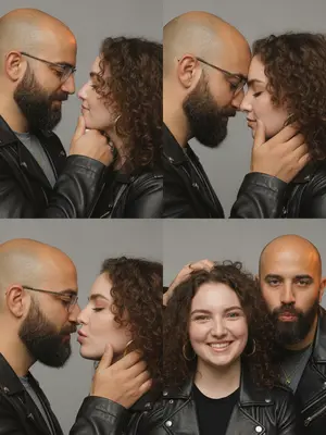 Создайте фотографию в стиле фотобудки 2×2, объединяющую четыре интимных портрета стильной пары. Каждый кадр показывает различную позу и выражение лица, но лица остаются неизменными. Расположите портреты в бесшовной сетке 2×2, чтобы создать кинематографический коллаж с эмоциональным контрастом.