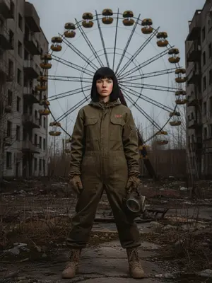 Женщина в костюме среди руин