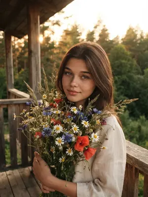 Мечтательная женщина с цветами