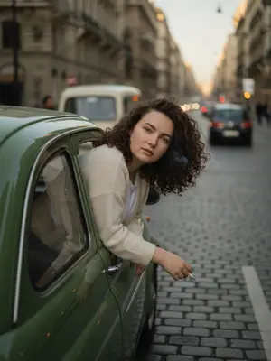 Молодая женщина в ретро-авто