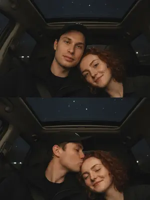 На вертикальном коллаже из двух фотографий в одном стиле запечатлены моменты внутри автомобиля, где темное звездное небо просматривается сквозь стеклянную крышу. Фотографии, сделанные на телефон, пропитаны теплой, уютной и романтичной атмосферой. Освещение мягкое, природные оттенки кожи и одинаковая цветокоррекция создают реалистичный образ.

На первом снимке в центре внимания - пара, лежащая рядом в крупном плане. Мужчина, в темной куртке и черной бейсболке, обращен к камере, а женщина, уткнувшись головой в его плечо, также смотрит в объектив. Их лица озарены мягким светом, выражения спокойные, сосредоточенность на душе, пронзительно ярка.

На второй фотографии повторяется та же поза и ракурс. Снова селфи: мужчина нежно прикладывает поцелуй к виску женщины, которая закрывает глаза с легкой улыбкой на устах. Крупный план, фокус на искренних эмоциях, которые пронизывают сердце и душу. Лица обоих влюбленных становятся особенно яркими в этом моменте искренности.