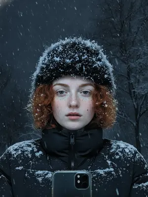 На снежной улице в ночное время, женщина делает селфи крупным планом. Ее волосы и глаза выглядят выразительно, украшенные снежинками. Зимняя шапка из искусственного меха на ее голове почти полностью покрыта снегом, так же как и пуховая куртка на плечах и воротнике.

Мягкий холодный свет ночи освещает ее сверху и слегка сбоку, придает легкое сияние щекам и создает легкие отражения на куртке. 

Женщина держит камеру ниже уровня глаз, снимая свое лицо снизу вверх. Ее губы слегка раскрыты, лицо выражает спокойствие, но при этом остается выразительным. 

Фоном служит темное зимнее небо, едва заметные ветви деревьев покрыты инеем, создавая минимальную видимость для придания драматического настроения. 

Атмосфера снимка – холодная и кинематографичная, наполненная чистой зимней энергией. Портрет выглядит стильно и современно, с черными шапкой и курткой, естественной текстурой и деталями.
