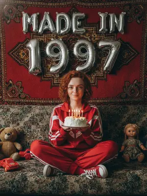 Создайте портрет модели в стиле «лихие 90-е» в России. Модель сидит на старом диване с цветочным узором, перед ней красный советский ковер. Взгляд модели направлен в объектив с небольшой улыбкой. На ковре висят большие серебряные фольгированные шары с цифрами и надписью «MADE IN». Одета модель в классический красный спортивный костюм того времени, на ногах кроссовки. В руках у нее маленький белый торт с горящими свечами. На диване рассыпаны советские игрушки и старая кукла. Фото сделано со вспышкой, освещение мягкое, создающее ностальгическую атмосферу. Высокое разрешение, реализм. Модель сидит расслабленно, немного улыбаясь, в олдскульном спортивном костюме. Атмосфера ретро, приглушенные цвета, зернистость пленки, детализация текстур ткани и шерсти ковра.
