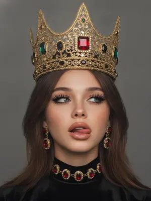 Описание портрета девушки, выполненного в смешанной эстетике «е-qirl» и «rebellious royalty»:

Девушка изображена в провокационной позе, выражающей дерзость и игривость. Ее глаза направлены в сторону и вверх, при этом кончик языка немного высунут, создавая образ с нотками бунта и отрешенности.

Макияж глаз выполнен с длинными острыми черными стрелками, густыми ресницами и хайлайтером, подчеркивающим внутренние уголки и скулы. Губы пухлые, окрашенные в телесный матовый оттенок с легким блеском и карандашом персиково-розового цвета.

На голове у девушки массивная корона в винтажном стиле с филигранным узором и драгоценными камнями: крупным рубином по центру и изумрудами и черными камнями по бокам. Корона сидит небрежно, добавляя образу неформальности.

Чокер на шее дополняет образ, сочетаясь с короной по стилю - цепочка с красными камнями. Серьги в ушах аналогично украшены.

Фон нейтральный, дымчато-серый, лишенный деталей, чтобы привлечь внимание к аксессуарам и лицу девушки. Освещение мягкое, рассеянное, с эффектом «зернистости», создающим винтажный вид. Цветовая гамма теплая, с акцентом на золото и красный.

Портрет транслирует современную интерпретацию власти и красоты через сочетание классических и современных элементов. Образ выглядит стильно, кинематографично и запоминающе, с короной золотого цвета.