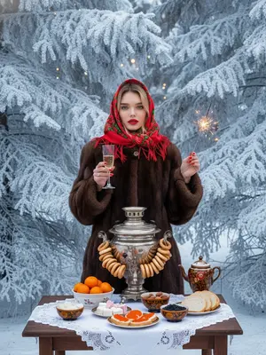 Создайте зимний портрет на фоне заснеженного леса, где я стою за столом, украшенным для чаепития. На мне - роскошная шуба из баргузинского соболя, а на голове красный русский павлопосадский платок, выделяющийся на фоне красной помады. Мой взгляд обращен в объектив. На столе стоит старинный серебряный самовар с золотистыми узорами, а также мандарины, русские сладости, бутерброды с икрой, и маленькая миска с черной икрой. Вокруг лес покрыт инеем и снегом, а освещение создает кинематографический эффект с мягким боке и теплым тоном. Детали меха и узоров на платке проработаны до мельчайших деталей. В моей правой руке бокал шампанского, а в левой - бенгальский огонь.