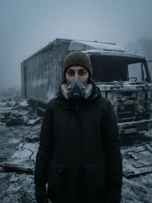 Женщина у разрушенного грузовика