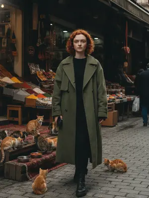 Женщина в пальто с кошками