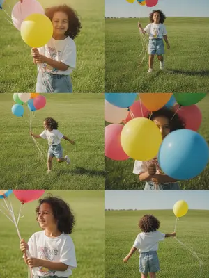 Создай коллаж из 6 фотографий в стиле Pinterest, размещенных в две колонки по три ряда. На каждом снимке изображена модель, стоящая на ярко-зеленой траве в солнечный летний день, держа в руках пучок легких воздушных шариков. Фотографии пропитаны атмосферой старой цифровой камеры или пленки начала 2000-х: мягкая зернистость, теплые отблески, винтажный контраст и естественное непосредственное настроение.