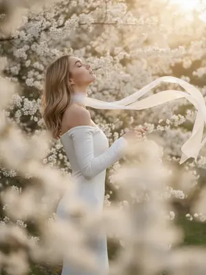 A woman stands gracefully amidst a lush garden filled with delicate white flowers in full bloom. Her profile is elegant, body angled away with her head tilted upwards towards the radiant sunlight, eyes peacefully closed in contemplation.

The camera captures her from mid-thigh to head, providing a captivating view of her serene expression. The angle is slightly below eye level, creating an intimate and engaging perspective with an 85mm lens.

She is adorned in a long, form-fitting white dress with sleek sleeves that extend to her wrists, the design featuring an alluring off-the-shoulder style that reveals her bare shoulders. A delicate white ribbon scarf adorns her neck, its ethereal fabric fluttering gently in the breeze as it gracefully extends across the frame.

The garden is alive with the dense white blossoms that envelop the woman, mirroring the serene beauty of the scene. In the foreground, the flowers are softly blurred, partially obscuring the bottom and right side of the frame, adding a sense of depth and dimension.

The background is filled with a soft, dreamy display of white blossoms and warm bokeh, creating a tranquil and enchanting backdrop for the woman. The golden hour sunlight bathes the scene from the top right, casting a strong, warm backlight that creates a glowing rim light on her hair and shoulders, with the sun peeking through the branches in the distance.

The lighting accentuates the woman's features with a shallow depth of field, ensuring she remains sharp and in focus while the foreground and background blend into soft, gentle bokeh. The overall atmosphere is imbued with warm, cinematic tones, soft highlights, and a photorealistic quality that captures every intricate detail of the scene.