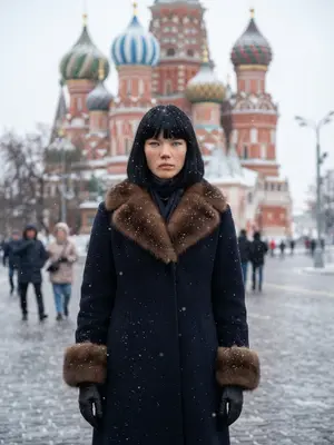 Женщина в пальто на фоне собора