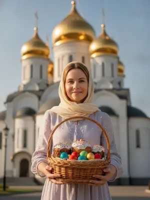 Женщина у храма с корзиной