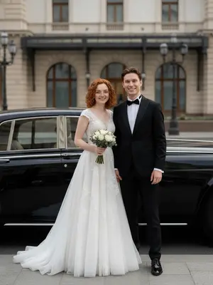 Свадебная пара у автомобиля