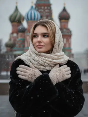 На фотографии изображен портрет груди девушки. Она одета в черную шубу, а плечи, голова и грудь украшены светлым кружевным мохеровым шарфом. Также на ней надеты варежки из того же материала. Одна рука девушки ласкает другую, а их ладони переплетены и покоятся на груди. Лицо девушки, обращенное к камере, украшает легкая задумчивая улыбка, а ее глаза смотрят влево. Густо накрашенные ресницы придают ей загадочный вид. На заднем плане зимний пейзаж с собором Василия Блаженного в Москве, покрытым снегом. Фон сильно размыт, словно под воздействием снегопада. Вся сцена пронизана легким холодным эффектом и зернистостью, что создает атмосферу зимнего волшебства.