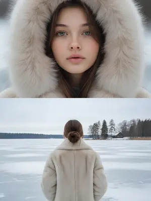Создай коллаж, сохраняя черты моего лица. В верхней части (близкий план лица в капюшоне): Я, молодая женщина, предстаю в детальном портрете с чувственным выражением лица, закутанная в светлый меховой капюшон. Фон зимний, а мой макияж натуральный и свежий, с румянцем и блеском на губах. Мой взгляд спокойный, направленный прямо в камеру. Фотография имеет кинематографическое качество, глянцевый стиль и естественное зимнее освещение.

В нижней части (спина к озеру): Я стою спиной к камере в светлой меховой шубе, волосы собраны в небрежный пучок. Мои стопы находятся на краю замерзшего озера, а на горизонте виднеются несколько темных деревьев и маленький деревянный домик. Фотография олицетворяет зимний романтизм, с кинематографическим качеством и естественным дневным освещением. Это профессиональная студийная или журнальная съемка в идеальном свете и качестве 8К.