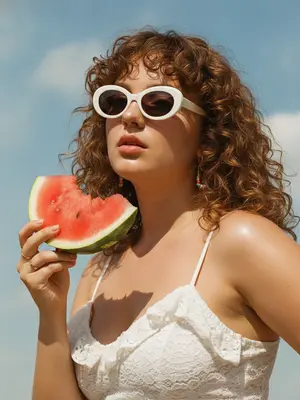 Летний fashion-портрет, созданный в стиле пленочной эстетики, представляет собой крупный план женского лица и верхней части тела. Взгляд женщины направлен прямо в камеру, губы слегка раскрыты, а в руке она держит ярко-красный ломоть арбуза, который подносит к губам. Ее голова слегка приподнята, а лицо выражает чувственное и легкое летнее настроение.

Женщина одета в белый топ с кружевными рюшами на тонких бретелях. Украшения включают золотые серьги с яркими бусинами и тонкие кольца из золота. Ее загорелая кожа сияет на солнце с легким влажным блеском. Макияж натуральный, с ровным светящимся тоном, выразительными бровями, мягкими тенями и глянцевыми губами.

Фоном для портрета служит ясное голубое летнее небо с нежными белыми облаками. Яркий солнечный свет создает глянцевые блики на коже и сочные тени, наполняя сцену ощущением знойного дня. Цветовая коррекция придает изображению теплые насыщенные тона, а мягкий контраст между голубым небом и теплой кожей добавляет летнего редакторского вайба.