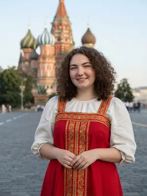 Модель в сарафане на фоне Кремля