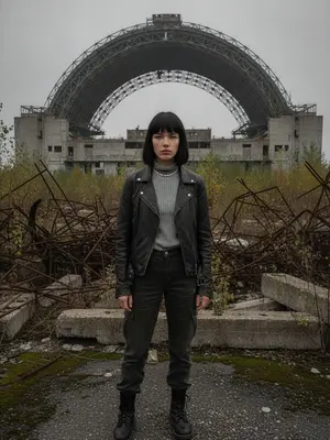 Модель у саркофага Чернобыля