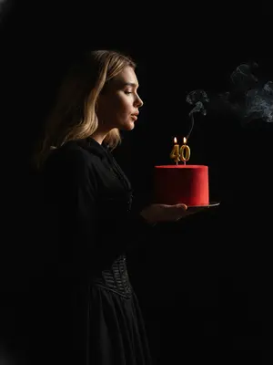 На изображении изображена женщина в фотореалистичном портрете с тем же лицом, чертами и выражением, что и на исходной фотографии. Ее цвет волос также идентичен. Сцена представляет собой день рождения, где мягкий свет свечи отражается на ее лице, а в воздухе плавают золотистые блестки, создавая атмосферу праздника. Фон окрашен в темно-серые тона. Освещение яркое и контрастное, с круглым световым пятном на заднем плане, бросающим выразительную тень. Волнистые волосы женщины мягко подсвечены. Она стоит немного повернутой в профиль и держит в руках небольшой праздничный торт, украшенный черными лентами и изысканной цифрой из золотых свечей. Женщина задувает свечу, излучая радость и веселье.