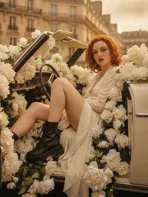 A cinematic fashion editorial captures the essence of luxury and romance as a woman lounges gracefully inside a vintage convertible adorned with a lavish abundance of pure white flowers like roses, peonies, and hydrangeas, spilling over the seats and cascading along the edges.

The scene unfolds with the foreground dominated by the woman's legs, elegantly posed with one knee raised slightly higher, creating a sense of relaxed confidence. Her body leans back, head subtly tilted, and her gaze exudes a serene assurance, all while her arms rest naturally in a pose of effortless elegance.

Dressed in a light, flowing white or cream dress that billows softly around her, juxtaposed with chunky black leather combat boots, the styling combines elements of softness and edge. Her makeup features a bold red lipstick and thick lashes, enhancing her natural beauty.

Captured in the soft glow of the golden hour, the setting sun casts a warm, cinematic light on the scene, creating a dreamy atmosphere. The background showcases softly blurred architecture reminiscent of Parisian charm, adding a touch of sophistication to the composition.

The image is imbued with a romantic yet edgy mood, with a subtle interplay between softness and roughness. Every detail is meticulously rendered, from the realistic skin texture with visible pores to the intricate folds of the fabric and the delicate imperfections of the flower petals.

Shot with a 50mm lens and utilizing a shallow depth of field to create creamy bokeh, the photograph is ultra-detailed and photorealistic, capturing every nuance with precision. The lighting scheme combines the warm hues of the golden hour with a direct flash reminiscent of Y2K aesthetics, resulting in soft highlights and a slight haze that adds to the overall allure of the image.
