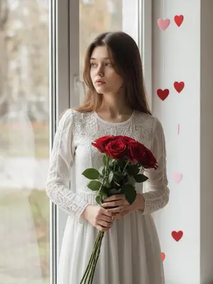 Женщина у окна с розами