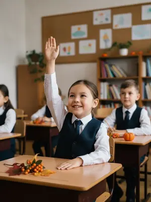 В уютном и светлом классе, оформленном в мягких тонах, изображен ребенок, который сидит за деревянной партой. Он одет в яркую футболку и джинсы, а на его лице играет радостная улыбка. Мягкий свет, проникающий через большие окна, создает теплую атмосферу, подчеркивая детали вокруг. На столе разбросаны цветные карандаши и блокнот, а на стенах висят рисунки, выполненные детьми. Ребенок, наклонившись вперед, с интересом смотрит на свои работы, а на его руках видны яркие пятна от красок.