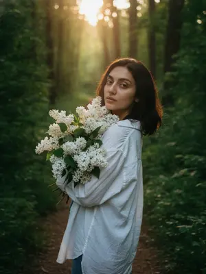 Фотография модели в лесу летом, снятая на Hasselblad X2D II 100C, 85mm объектив, f/1.8, крупный план, камера расположена на уровне талии и немного в стороне. Модель стоит на узкой тропинке среди густого леса, повернувшись через плечо к камере. В ее руках огромный букет цветов, который нежно обнимает, частично скрывая плечо и грудь. Лицо выражает спокойствие и чувственность, едва заметная улыбка, расслабленные губы, взгляд направлен прямо в объектив. На ней свободная белая длинная рубашка oversize с длинными рукавами, подсвеченная солнцем, ткань немного мятая. Кожа ровная, сверкающая, с легким загаром и текстурой, придающей реализма. Макияж мягкий и натуральный: легкое контурирование, пушистые брови, длинные ресницы, теплый свечение на коже. Теплый золотистый свет заката проникает сквозь листву, создавая кинематографичное освещение вокруг силуэта, играя на сирени и ткани одежды, образуя глубокие тени в лесу. Атмосфера тихая, живая и немного мечтательная, словно сцена из художественного фильма. Настроение задумчивое, с теплыми золотистыми оттенками, насыщенными зелеными тонами, мягким туманом, слегка зернистым эффектом, роскошным эстетическим видом в стиле Pinterest и фотореалистичным качеством RAW.