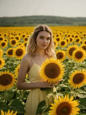 Женщина на поле подсолнухов