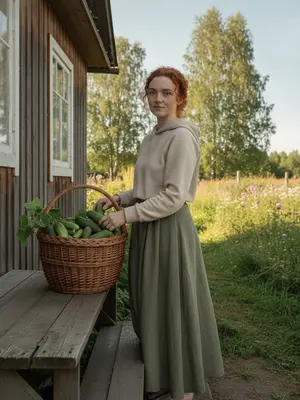 Уютная женщина у дома
