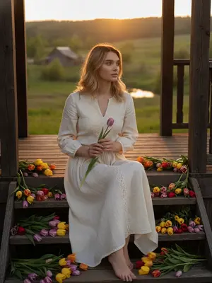 Женщина на крыльце с тюльпанами
