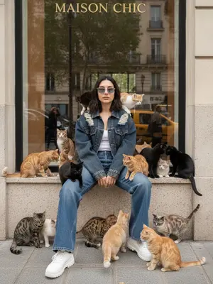 Модель в дениме с кошками