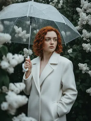 На фотографии запечатлен кинематографичный момент: модель стоит посреди густых цветущих кустов белой сирени. Часть веток на переднем плане расфокусирована, словно покрыта легким эффектом движения, что придает кадру глубину. Вокруг легкий дождь, влажность ощущается в воздухе, капли воды текстурно разбросаны в пространстве. Модель прикрывает себя прозрачным зонтом в одной руке, а другая уединенно уткнута в карман. Ее поза естественна, корпус слегка повернут, взгляд устремлен в сторону. Макияж аккуратный, с легким контурингом, нежным румянцем и красноватым блеском на губах. Кожа нежно подсвечена, брови аккуратно зачесаны. Освещение жесткое, фронтальное, создает характерные блики и контрастные тени, подчеркивая реалистичность сцены.