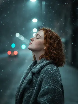 4K изображение в жанре эмоционального реализма, погруженное в темную зимнюю эстетику, показывает персонажа в крупном плане на улице во время снегопада. Голова наклонена назад, лицо направлено к небу, глаза закрыты в выражении спокойствия и удовольствия, словно вдыхая свежий морозный воздух. Волосы выглядят живыми, блестящими и детализированными. Персонаж одет в объемное темно-серое пальто из грубой шерсти с мягкой, ворсистой текстурой, усыпанной белыми снежинками. Вокруг множество снежинок различного размера, некоторые четкие, некоторые размытые в движении. Фон размыт, представляющий ночной город, с крупными круглыми огнями холодного бирюзового цвета прямо за головой персонажа и вдалеке красноватыми размытыми огнями. Цветовая палитра холодная, контрастная: черный, серый, электрический синий. Съемка выполнена на светосильный объектив с фокусом на ресницах и губах, создавая эффект ветра, высокую четкость и фотореализм. Обработка в формате RAW, добавляющая мрачную атмосферу.