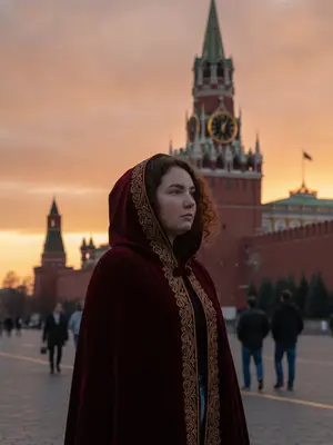 Женщина в капюшоне у Кремля