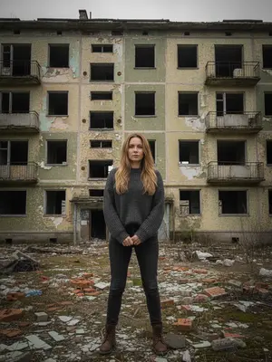 Модель на фоне заброшенных квартир