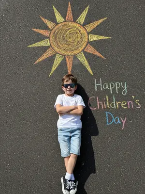 From above, a child lounges on the rough, dark asphalt. Above their head, a sun drawn in bright chalk beams with vibrant rays. The child sports black shades, a tee, denim shorts, and sneakers paired with white socks. Their arms are folded on the chest, legs crossed at the ankles. The chalk sun shimmers in yellow, orange, and golden hues. The harsh midday sunlight casts sharp shadows, creating a high-contrast scene. The atmosphere is playful and summery. On the ground, colorful chalk letters spell out "Happy Children's Day". The image is photorealistic, in 8k resolution, with intricate details. 