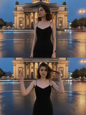 Фотография, сделанная на смартфон, представляет собой вертикальный коллаж из двух размытых ночных кадров, разделенных горизонтальной линией. На обоих фрагментах изображения можно увидеть фигуру человека, стоящего на проезжей части напротив величественного собора с колоннами. Съемка выполнена с уровня груди с легким нижним ракурсом. Архитектурные детали подсвечены теплыми уличными фонарями, а небо окрашено в глубокий синий оттенок. Вдали виднеются синие и желтые огни города, а следы машин и фары размыты на заднем плане. 