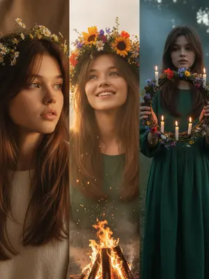 Create a triptych photo series with three distinct panels.

Panel One: A woman's face in a close-up, angled slightly to the side, set against a soft, textured background. Her eyes are contemplative, looking towards the right, evoking a sense of introspection. Her hair is styled elegantly, catching the light to give it a radiant glow. Delicate flowers adorn her hair, adding a touch of whimsy. The lighting is gentle and warm, enveloping the scene in a cozy ambiance. The background is softly blurred, adding an air of mystery and depth to the composition.

Panel Two: Another close-up of the woman's face, this time gazing upwards, illuminated to highlight the texture of her skin. She meets the viewer's gaze with a genuine smile, her expression open and inviting. The floral wreath she wears appears vibrant and unconventional, infusing the scene with a festive energy. In the foreground, a bonfire flickers realistically, sending sparks dancing into the air, injecting a sense of movement. Rich, balanced colors create a striking visual impact, capturing the essence of a ritual and immersing the viewer in a magical atmosphere.

Panel Three: Close-up of a girl's hands cradling a wreath of flowers and candles, the soft glow of the candles casting a romantic light. The twilight setting is beautifully captured, with a subtle luminosity that enhances the intricate details. The shot is framed from an intriguing angle, offering a glimpse of the girl and the natural surroundings. Natural lighting with a hint of haze adds a touch of mystery and romance to the scene.

Overall, the series exudes a natural, warm, and enchanting vibe. Each panel harmonizes seamlessly to create a lively atmosphere, with meticulous attention to detail and the use of soft lighting enhancing the expressive and memorable quality of the images. 