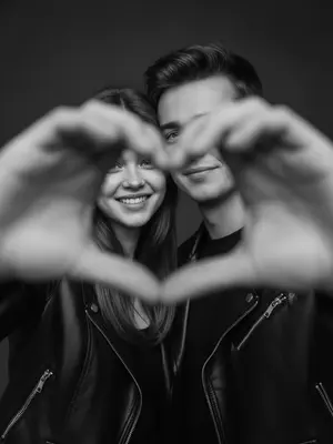 A candid and joyful couple stands out in a dreamy and intimate setting, exuding a romantic vibe that feels straight out of a movie scene. Their genuine smiles radiate warmth as they gaze directly at the viewer, creating a sense of connection. In the forefront of the image, the couple's intertwined hands subtly blur into a heart shape, delicately framing their beaming faces, adding a touch of sweetness to the overall composition. 