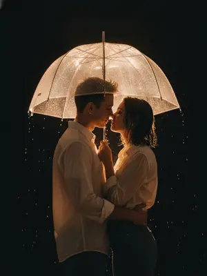 Фотосъемка пары под дождем в ночное время суток, с эффектной драматичной атмосферой. Камера фокусируется на бедрах, где мужчина и женщина стоят в объятиях, обращаясь лицом друг к другу. Они погружены в нежный поцелуй, с закрытыми глазами, их носы и губы едва касаются друг друга. Мужчина обнимает женщину, а она держит прозрачный зонт над ними, рука обнимая его за плечо. Их тела прижаты друг к другу, создавая романтичный момент в интимной обстановке.

Одежда пары состоит из легких белых рубашек с длинными рукавами и темных джинсов. Над ними распространяется большой прозрачный куполообразный зонт, украшенный каплями дождя. Макияж женщины подчеркивает естественную красоту: ровный тон кожи, естественные брови, нюдово-розовые губы и легкий акцент на глазах.

Фон сцены представлен в полной темноте, без видимых деталей, обрамляющей пару. Драматичный контровой свет излучается сзади, создавая яркое освещение вокруг фигур. Свет плавно подсвечивает их лица, волосы и контуры зонта, при этом капли дождя на куполе сверкают и искрятся. Сильный контраст между светом и тьмой выделяет фигуры пары, создавая впечатление из черноты.

Обработка изображения придает ему кинематографический характер: глубокий черный фон, теплое контровое освещение, высокий контраст и легкое пленочное зерно. В целом, фотография пронизана романтичной драматикой дождливой ночи. 