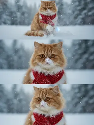 Создайте коллаж, объединяющий три фотографии вашего питомца на зимнем фоне с падающим снегом. Питомец одет в теплый вязаный шарф, вокруг него кружатся снежинки, а на заднем плане виднеется заснеженный лес. 