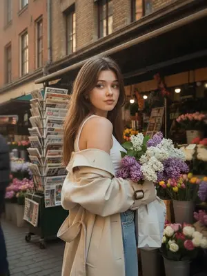 На фотографии запечатлен уличный момент, наполненный деталями. Фон состоит из киоска с газетами, цветочных лавок и старых зданий. Изображение создает впечатление кинематографического кадра, как будто снятого на пленку Kodak, с добавлением зернистости. Освещение насыщено карамельными тонами и теплыми солнечными лучами, в которых играет легкая пыльца. В кадре весенний день, а модель повернута спиной к наблюдателю, лишь слегка повернув голову в сторону камеры. Ее взгляд украдкой устремлен на букет цветов.

На руке девушки свисает белый пакет, из которого торчат пышные соцветия белой и сиреневой сирени. Они образуют многочисленные объемные шапочки. В ее гардеробе - кремовое элегантное оверсайз-пальто с опущенным плечом, светло-голубые джинсы и облегающая белая майка. Ракурс снят с низкого уровня, чтобы подчеркнуть размер сцены. Фотография зафиксировала движение: волосы смазаны для создания ощущения динамики, а эффект движения усилен экстремальным размытием.

Макияж модели включает длинные ресницы, нюдовый оттенок губ, контуринг и черные стрелки. Общее настроение кадра - романтичное, задумчивое и элегантное, с легкой улыбкой на лице. Атмосфера пропитана фотореализмом и высоким разрешением, создавая иллюзию присутствия. 