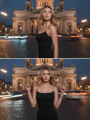 Фотография выполнена в стиле ультрареализма на смартфон, используя камеру Iphone 17 pro. Вертикальный коллаж состоит из двух размытых ночных снимков, разделенных горизонтальной чертой. На заднем плане виднеется величественный собор с колоннами, освещенный теплыми уличными фонарями. Человек, изображенный на обоих кадрах, стоит на дороге, съемка выполнена с низкого ракурса, подчеркивающего архитектурные детали. Небо над городом окрашено в глубокий синий оттенок, а улицы переливаются синими и желтыми огнями. В кадре заметны размытые следы фар и движения машин, создающие атмосферу живого и динамичного городского пейзажа. 