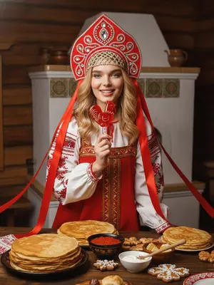 Изображение женщины в традиционном русском костюме Масленицы. На ее голове великолепный кокошник ярко-красного цвета, украшенный бриллиантами, стразами и длинными лентами, которые волнуются по сторонам. 