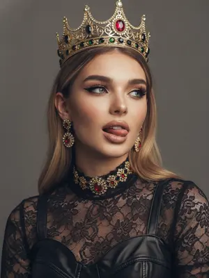 Описание портрета девушки, выполненного в смешанной эстетике «е-qirl» и «rebellious royalty»:

Девушка изображена в провокационной позе, выражающей дерзость и игривость. Ее глаза направлены в сторону и вверх, при этом кончик языка немного высунут, создавая образ с нотками бунта и отрешенности.

Макияж глаз выполнен с длинными острыми черными стрелками, густыми ресницами и хайлайтером, подчеркивающим внутренние уголки и скулы. Губы пухлые, окрашенные в телесный матовый оттенок с легким блеском и карандашом персиково-розового цвета.

На голове у девушки массивная корона в винтажном стиле с филигранным узором и драгоценными камнями: крупным рубином по центру и изумрудами и черными камнями по бокам. Корона сидит небрежно, добавляя образу неформальности.

Чокер на шее дополняет образ, сочетаясь с короной по стилю - цепочка с красными камнями. Серьги в ушах аналогично украшены.

Фон нейтральный, дымчато-серый, лишенный деталей, чтобы привлечь внимание к аксессуарам и лицу девушки. Освещение мягкое, рассеянное, с эффектом «зернистости», создающим винтажный вид. Цветовая гамма теплая, с акцентом на золото и красный.

Портрет транслирует современную интерпретацию власти и красоты через сочетание классических и современных элементов. Образ выглядит стильно, кинематографично и запоминающе, с короной золотого цвета. 