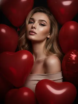 На темном фоне расположена женщина в стиле Valentine's Day. Ее лицо освещено мощной вспышкой, создавая ультрафотореалистичный портрет. Вокруг нее тесно расположены красные воздушные шары в форме сердец, создавая визуальную рамку вокруг лица и плеч. Шары, частично перекрывая тело, добавляют атмосферу романтики.

Модель представлена в минималистичном образе с открытыми плечами, приковывая внимание к лицу. Ее макияж выдержан в нейтральных тонах: ровный тон кожи, черные стрелки, тени с блеском, глянцевые губы и длинные ресницы. С немного наклоненной головой и кокетливым выражением лица, модель создает загадочный образ.

Освещение обеспечивает профессиональный эффект, подчеркивая каждую деталь портрета. Вся композиция центрирована, придавая уравновешенность и гармонию. 