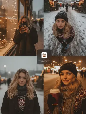Коллаж из нескольких панелей, вдохновленный зимним настроением улицы в рождественскую ночь. Фотографии кажутся непринужденными, словно запечатленные случайным образом на смартфон. В каждом кадре царит атмосфера тепла и уюта: пушистый снег ложится на землю, окна светятся приглушенным светом, а легкая пленка зернистости придает изображениям особый шарм. Все элементы композиции объединены общим стилем и передают ощущение зимнего волшебства. 