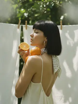 A woman stands outdoors, her profile captured in a shoulder-up portrait. White linen sheets flutter on a clothesline behind her, secured by wooden clothespins. She dons a delicate summer dress with slender straps and an alluring open back that bares her shoulders. Her head is adorned with a white scarf featuring a small repeated black circular pattern, tied at the nape. Large textured gold hoops sway from her ears.

In a graceful pose, she tilts her chin slightly upwards, cradling a half of an orange near her face. Two whole oranges rest against her shoulder and chest, adding a touch of whimsy to the scene. The natural sunlight filters through the canopy of leaves, casting soft, dappled shadows on her skin and the fabric of her dress.

The ambiance is imbued with a warm, vintage charm, reminiscent of analog film aesthetics. The color grading enhances the image with slightly muted greens and rich citrus orange tones. Subtle film grain adds texture, while gentle softness and highlight bloom lend a dreamy quality. The shallow depth of field creates a cinematic feel, evoking a sense of lifestyle photography. 