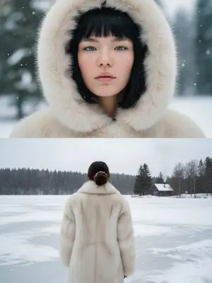 Создай коллаж, сохраняя черты моего лица. В верхней части (близкий план лица в капюшоне): Я, молодая женщина, предстаю в детальном портрете с чувственным выражением лица, закутанная в светлый меховой капюшон. Фон зимний, а мой макияж натуральный и свежий, с румянцем и блеском на губах. Мой взгляд спокойный, направленный прямо в камеру. Фотография имеет кинематографическое качество, глянцевый стиль и естественное зимнее освещение.

В нижней части (спина к озеру): Я стою спиной к камере в светлой меховой шубе, волосы собраны в небрежный пучок. Мои стопы находятся на краю замерзшего озера, а на горизонте виднеются несколько темных деревьев и маленький деревянный домик. Фотография олицетворяет зимний романтизм, с кинематографическим качеством и естественным дневным освещением. Это профессиональная студийная или журнальная съемка в идеальном свете и качестве 8К. 