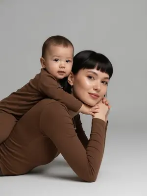 Create a studio portrait capturing the essence of a mother and child, maintaining their original facial features and expressions with precision. The scene is set in a close-up perspective at eye level. The duo is depicted lying on their stomachs, facing sideways to the camera. The child lovingly embraces the mother from behind, their arms wrapped tenderly around her shoulders. Both subjects gaze directly at the viewer, establishing a heartfelt connection. 

The mother exudes a natural beauty with a flawless, matte complexion complemented by subtle makeup - soft pink lips and a hint of mascara. She is dressed in a snug brown long-sleeved top, accentuated by a graceful silver chain and pendant draping elegantly along her collarbone. 

The child mirrors the mother's attire with their own brown long-sleeved top. They wear a delicate, thin chain necklace that harmonizes with the mother's jewelry, adding a touch of visual unity to the composition. 

The image is formatted in 9:16 ratio and rendered in stunning 8K quality. 