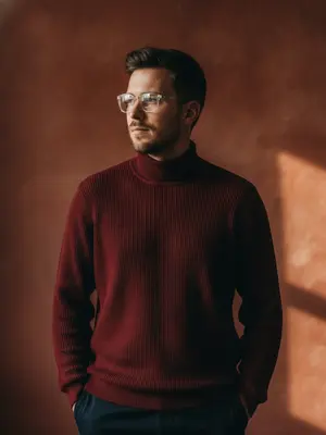 Создать вертикальную фотографию с фотореалистичным изображением мужчины. Основное требование - передать черты лица и облик человека с загруженных фотографий. Мужчина стоит прямо, с расслабленной осанкой, глядя в сторону. Портрет от середины торса до головы, субъект немного смещен в сторону от центра кадра. Фон виден, но не доминирует из-за тесного кадрирования. Торс слегка повернут к камере, голова повернута в сторону источника света. Руки спокойно упираются в карманы брюк. Выражение лица спокойное и уверенное. На мужчине темно-красный рифленый свитер-водолазка с небольшой свободой посадки, создающий естественные складки на ткани. Высокие темные брюки частично видны в кадре. Съемка происходит в студийном интерьере с фактурной стеной в теплых красноватых оттенках. Правая сторона кадра освещена ярким лучом света, который создает глубокие тени на противоположной стороне тела. Изображение немного темнее обычного с насыщенными тенями, глубокими средними тонами и сохраненными теплыми бликами. Атмосфера кинематографичная, элегантная и мрачная. Фотография сделана на полнокадровую камеру с объективом 85 мм, диафрагма около f/2.8. Естественная текстура кожи, легкое пленочное зерно, редакционный модный финиш, скульптурный свет, ультра-реалистичное изображение с высокой детализацией, четким фокусом и кинематографической цветовой градацией. 